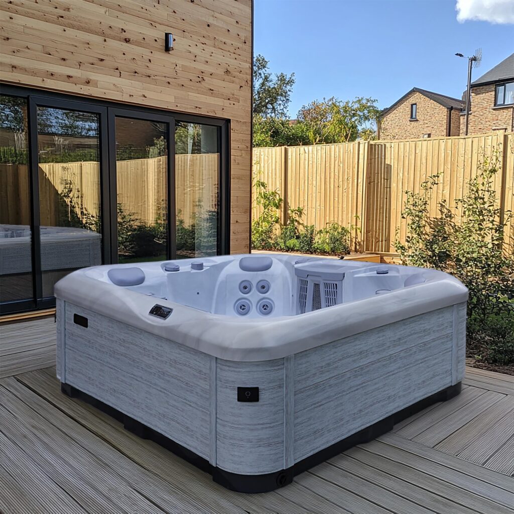AquaSolus Brook hot tub in a backyard