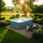 AquaSolus Solara swim spa at golden hour, quarter view on a garden terrace